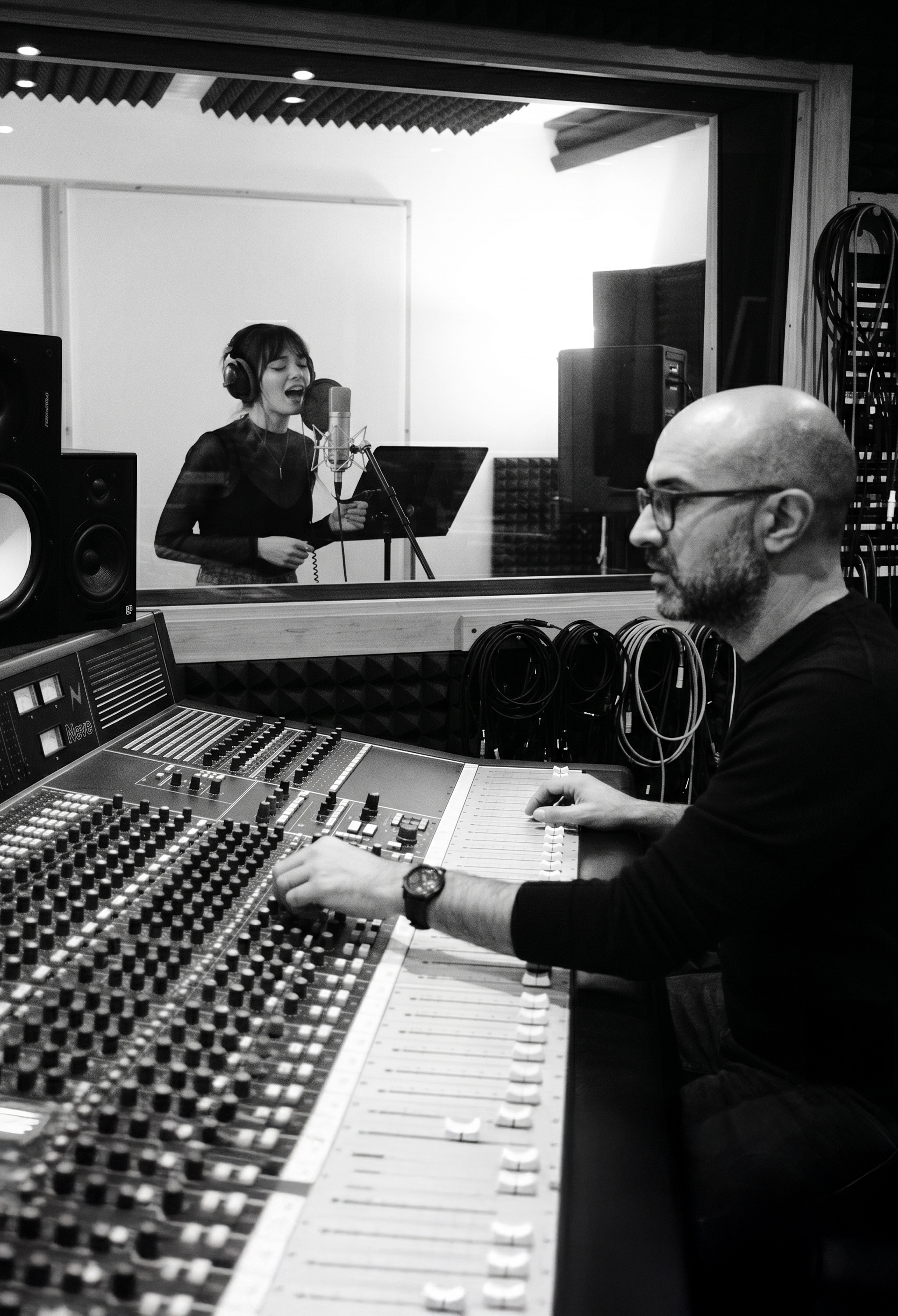 Xas at the mixing console with Solène in the vocal booth